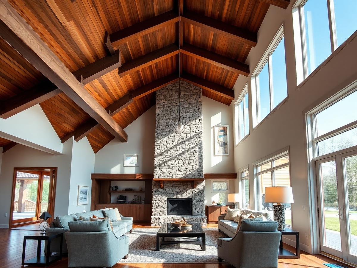 Great room with vaulted wood ceiling and stone fireplace — representative imagery