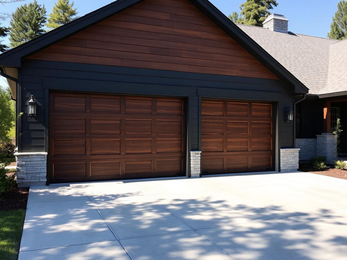 Wood-look garage doors on a dark charcoal home — representative imagery
