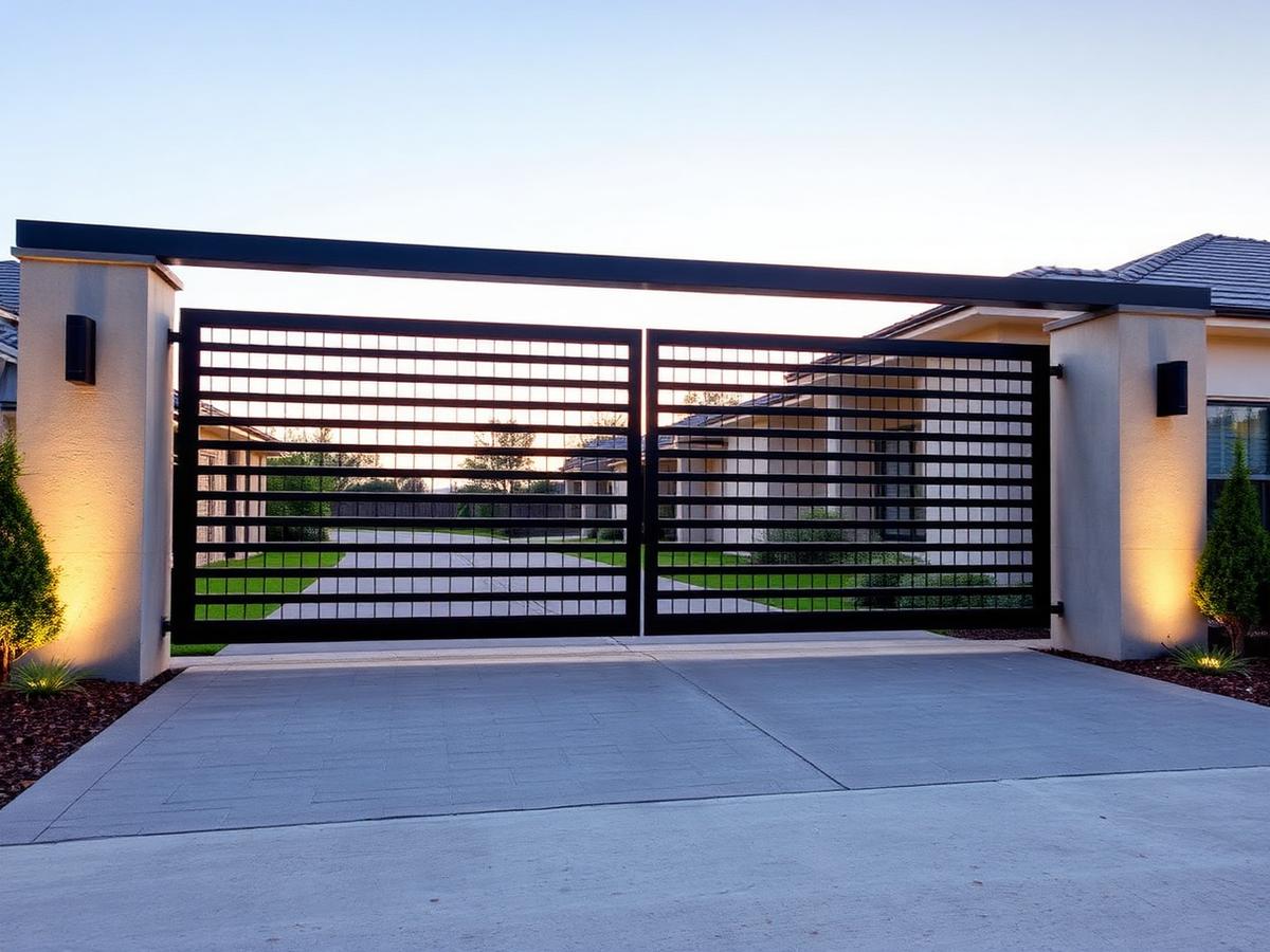 Modern horizontal slat steel sliding gate at a property entrance — representative imagery