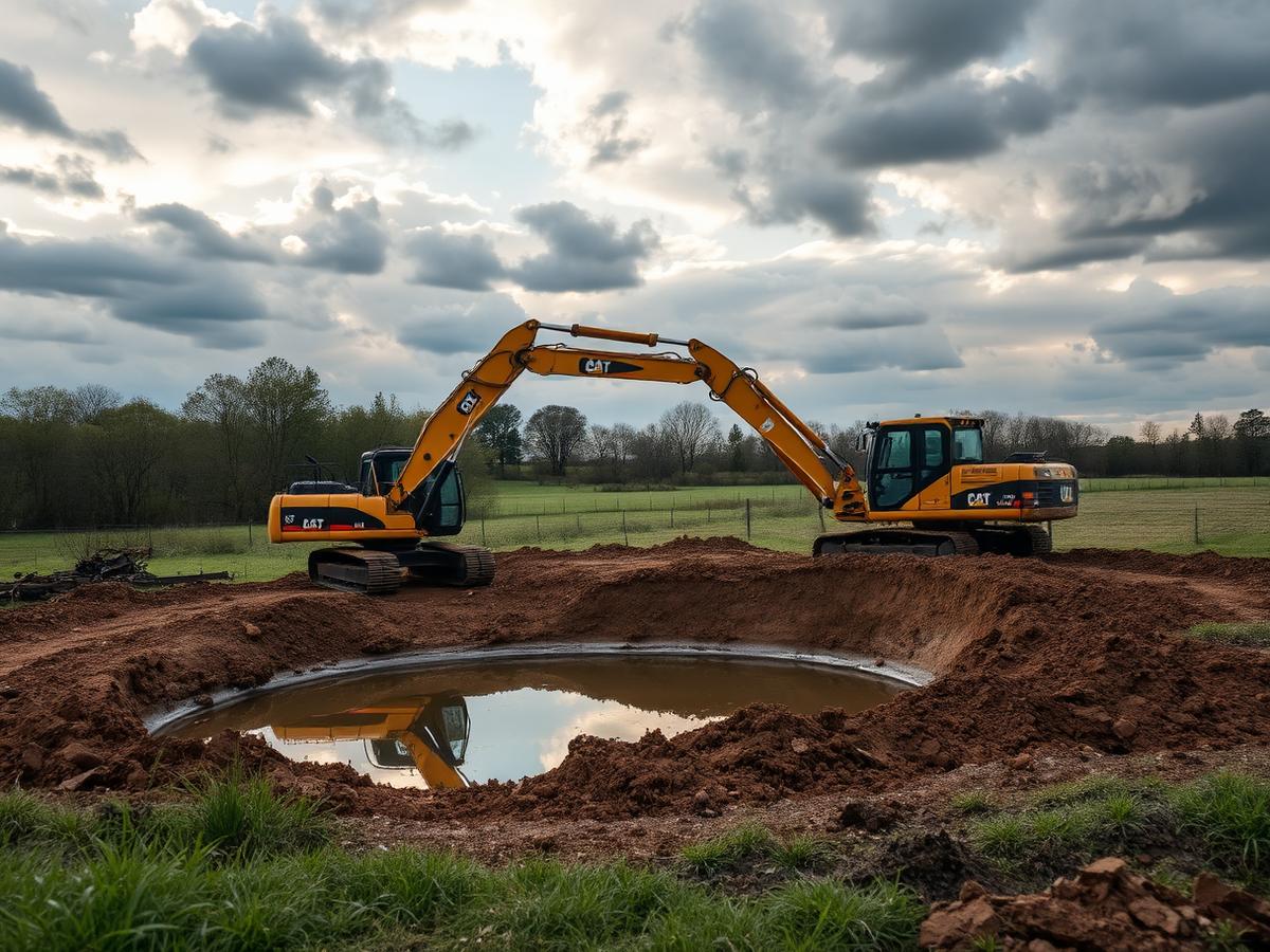 Excavator shaping a new pond on a rural property — representative imagery