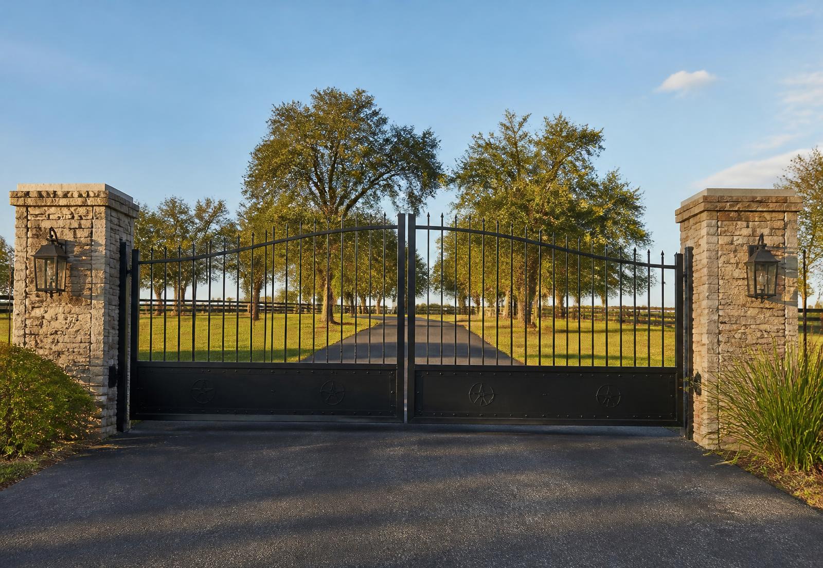 Custom black metal driveway entrance gate with stone columns on a rural property — representative imagery