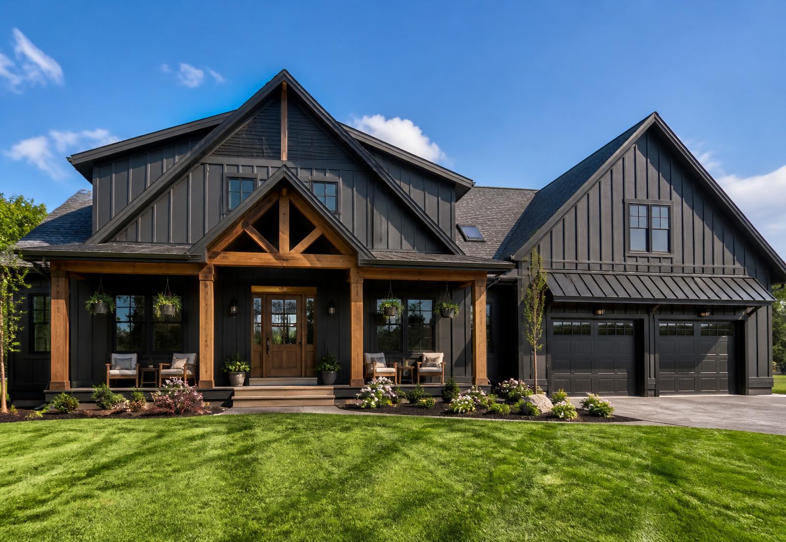 Newly built dark board-and-batten custom home with timber gable truss and covered porch — representative imagery